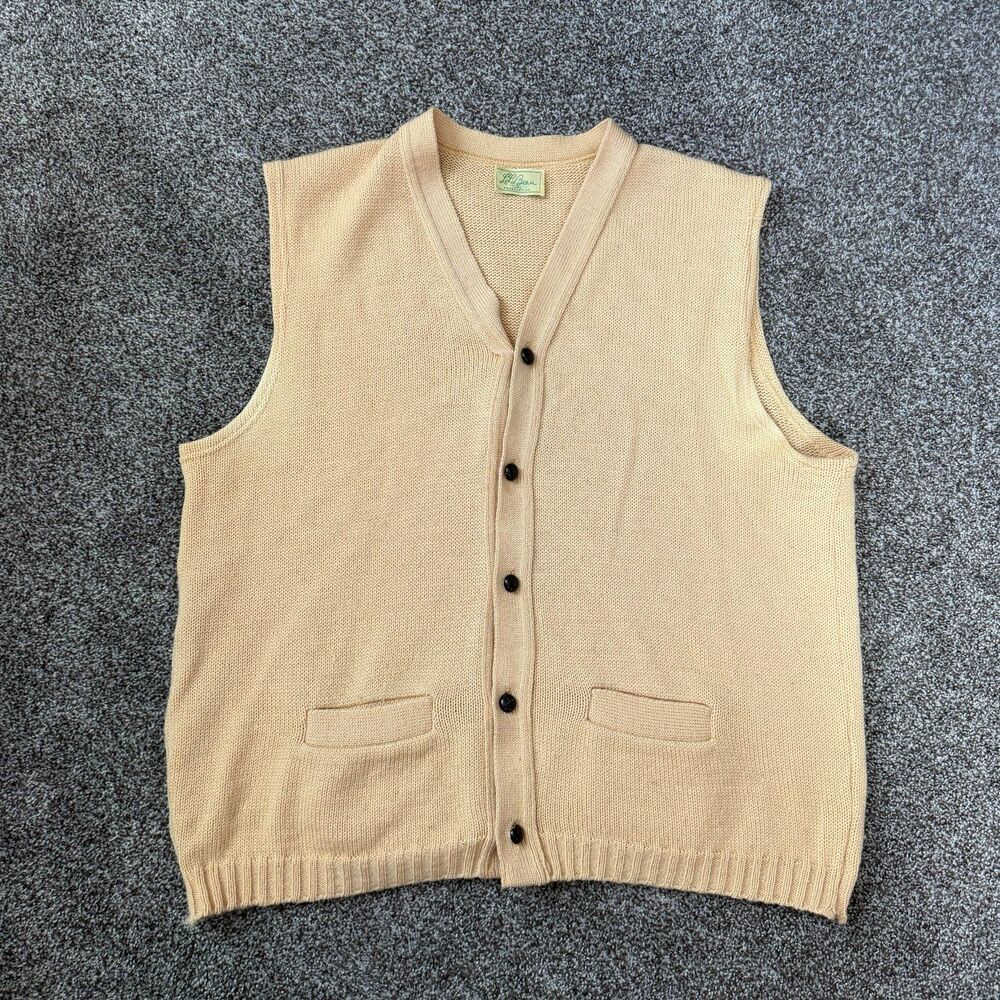 VTG 70s LL Bean Script Tag Knit Cardigan Sweater Vest Tan Grandpa Button Up